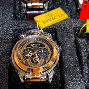 Invicta I-Force 30076 52 mm Quartz Watch – Gold Bezel, Black Leather, 200 m